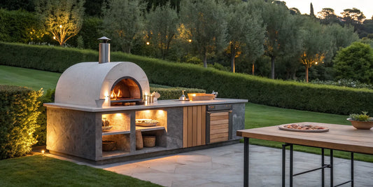 A built-in pizza oven with a wood fire set into an outdoor kitchen countertop.