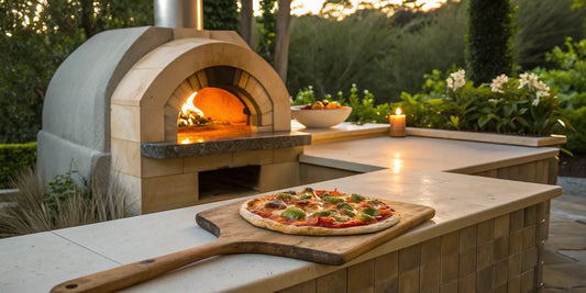 A wooden pizza peel sliding a pizza into a hot outdoor oven.