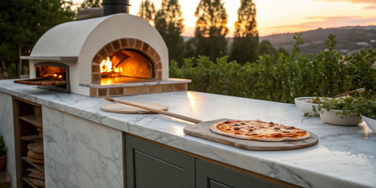 A pizza baking inside a commercial wood-fired oven.