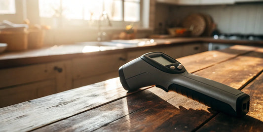 A digital infrared thermometer used for checking cooking surface temperatures.