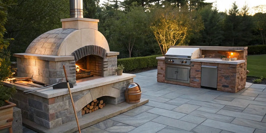 A built-in DIY pizza oven and a pre-built kitchen on an outdoor patio.
