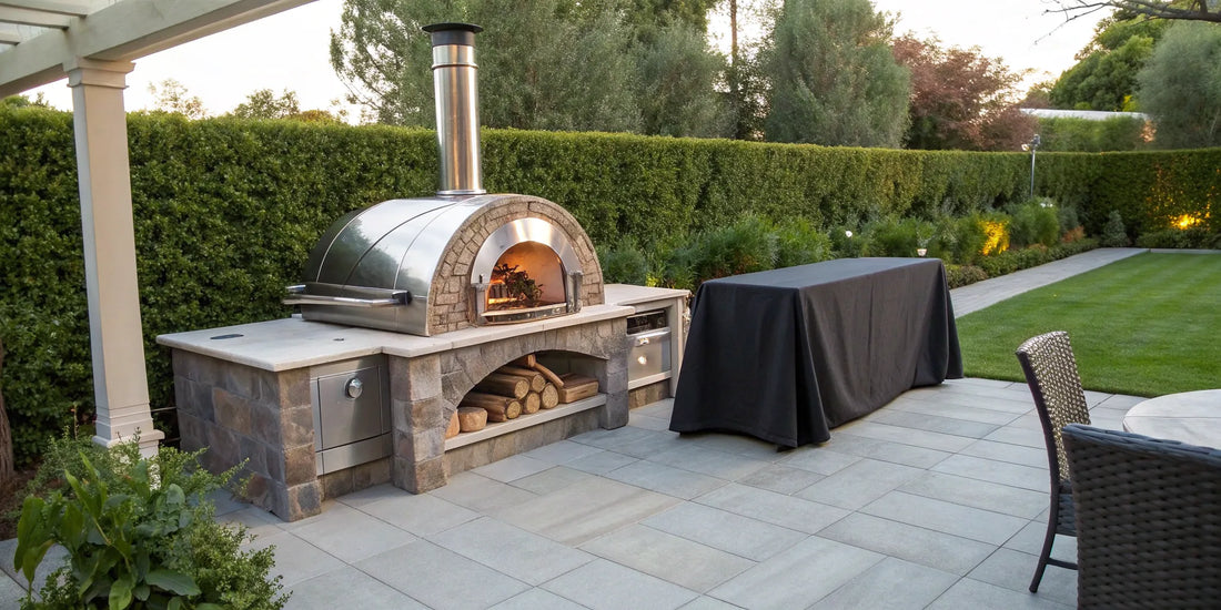An outdoor pizza oven with the durable, weatherproof cover needed for protection.