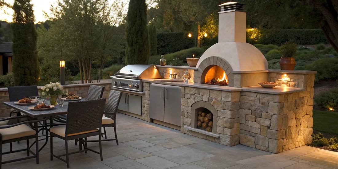 Churrasqueira pré moldada com forno de pizza em área gourmet externa moderna.