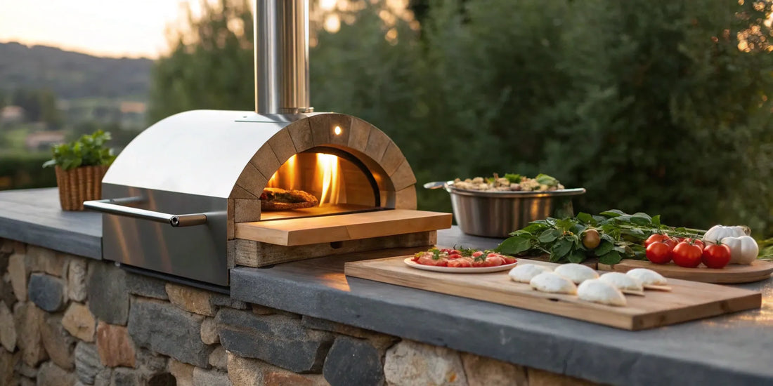 Outdoor pizza oven with an installed chimney extension cooking a wood-fired pizza.