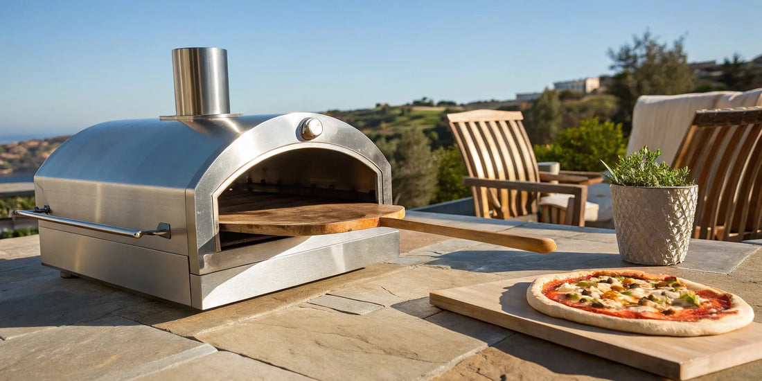 A modern stainless steel pizza oven on a patio, a popular choice to buy online.