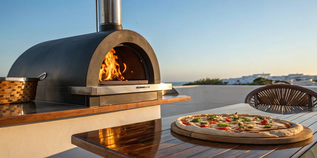 Buy an Alfa Forni oven online, a wood-fired model with a fresh pizza on an outdoor table.