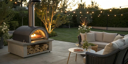 A popular outdoor pizza oven model to buy online, shown with a fire on a modern patio.