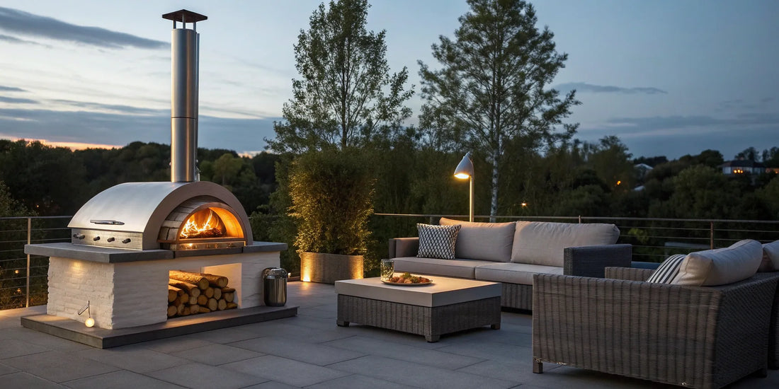 A modern Alfa Forni pizza oven on a home patio, ready to buy for outdoor cooking.