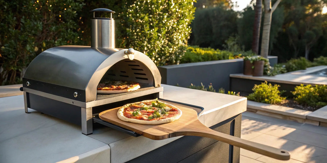 Commercial portable propane pizza oven baking a pizza outdoors.
