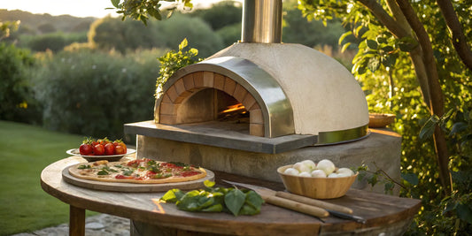 A freshly baked pizza sits in front of a large wood burning commercial oven.
