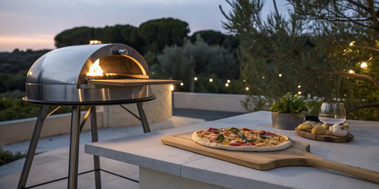 Alfa pizza oven with stand for sale on a patio with a fresh pizza on a peel.