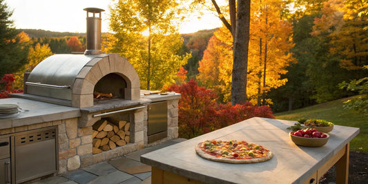 A new outdoor pizza oven cooking a fresh pizza in a New England backyard during fall.
