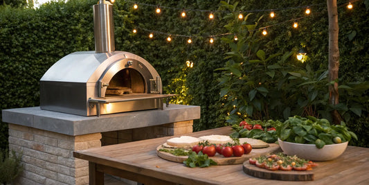 An outdoor Italian pizza oven with fresh pizza ingredients prepared on a wooden table.
