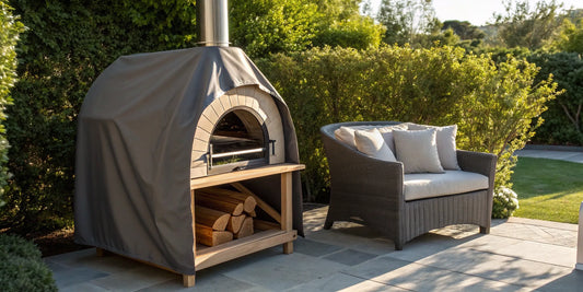 Outdoor pizza oven protected by a fitted cover.