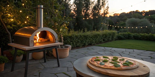 Outdoor wood fired pizza oven on a patio with a freshly baked pizza.