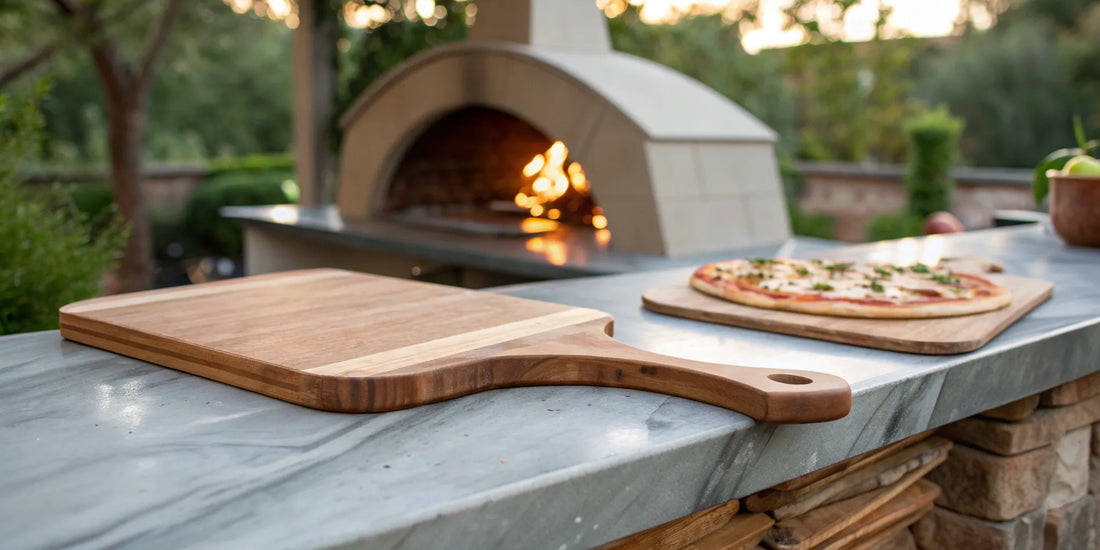 A wooden pizza peel, considered the best for launching pizza, next to an outdoor pizza oven.
