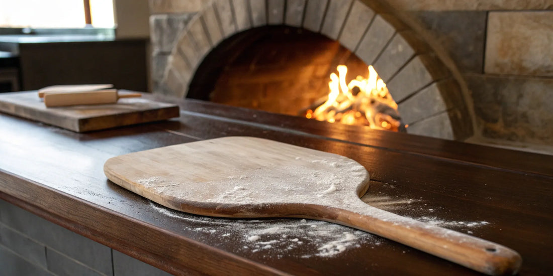 A 16 inch wooden pizza peel dusted with flour in front of a wood-fired oven.