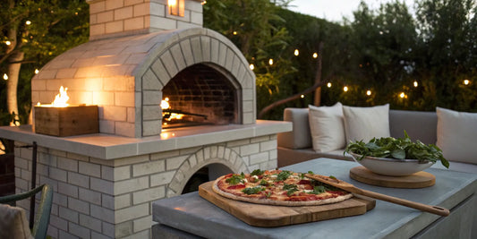 Outdoor brick pizza oven with fire burning and a fresh pizza on a wooden peel.