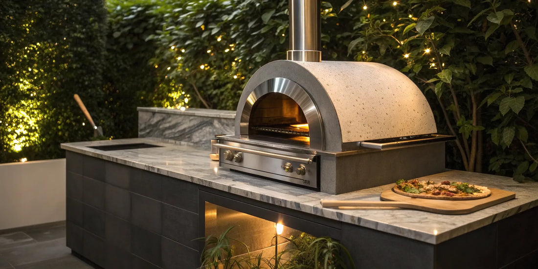 Outdoor pizza oven with a stand and a fresh pizza on a peel.