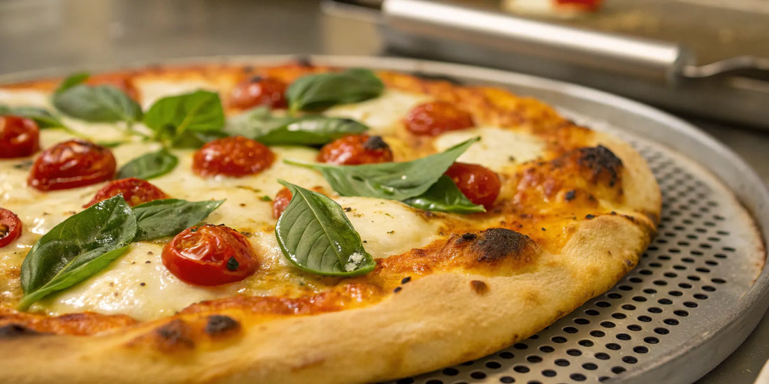 A pizza with a crispy crust and fresh toppings on a perforated pizza pan.