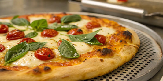 A pizza with a crispy crust and fresh toppings on a perforated pizza pan.