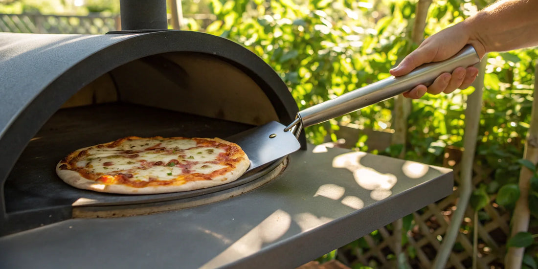 Using a pizza peel to launch a pizza into an outdoor oven.