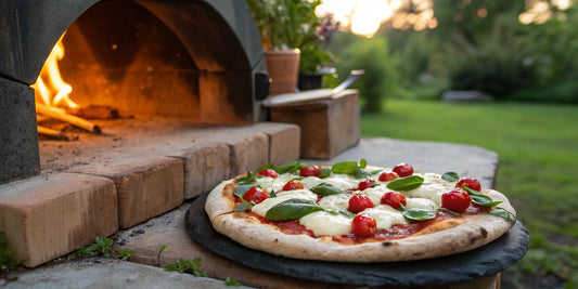 Store-bought dough pizza with fresh basil and tomatoes baking in an Alfa oven.