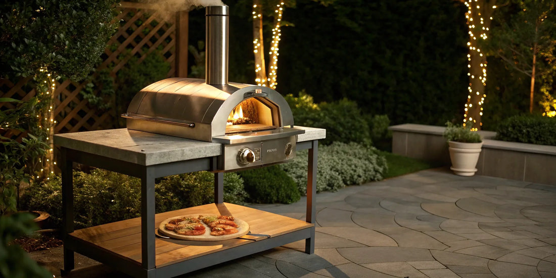 Hybrid outdoor pizza oven with a fire inside and a fresh pizza on a peel.