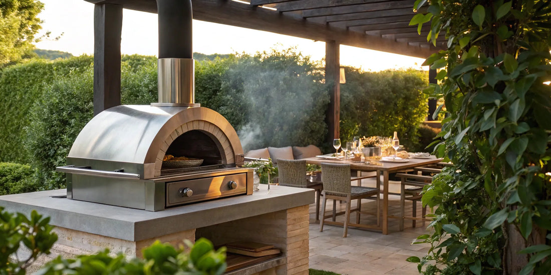 Alfa Forni portable pizza oven for sale on an outdoor patio.