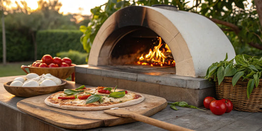 A pizza cooking in an outdoor wood-fired oven.