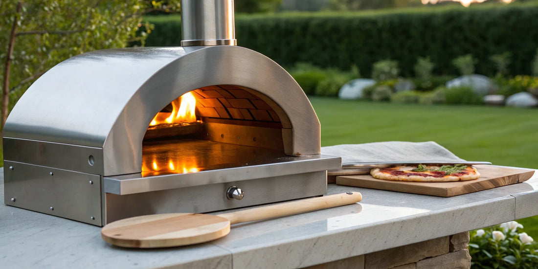 A pizza oven brush on a countertop next to a hot pizza oven and a freshly made pizza.
