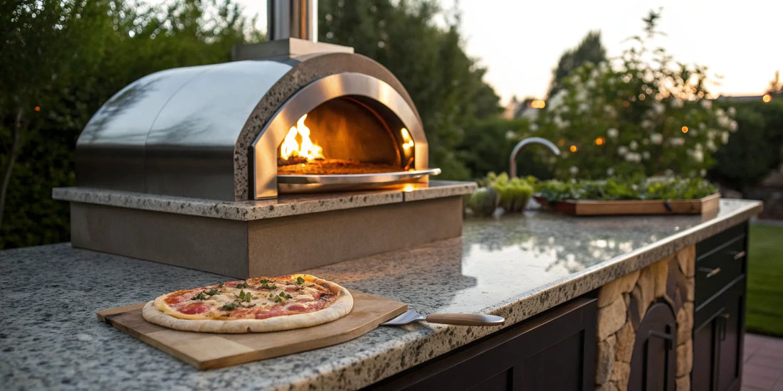 A pizza turning peel next to a hot oven with a freshly baked pizza.