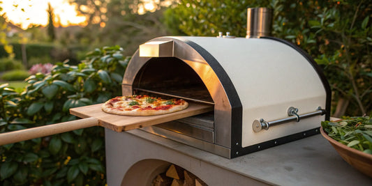 A 16 inch pizza peel launching a pizza into a hot oven.