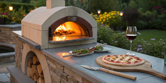 A pizza on a peel is slid into a wood-fired oven.