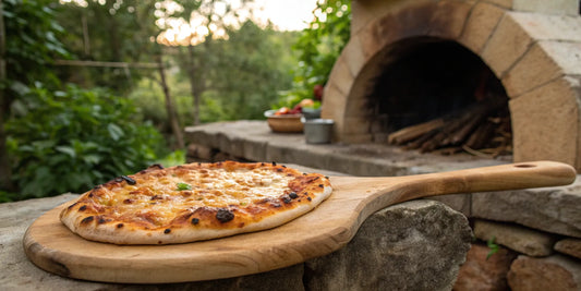 Pizza on a sliding peel ready for a perfect launch into a hot oven.