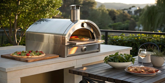 Commercial propane pizza oven in an outdoor commercial kitchen baking a fresh pizza.