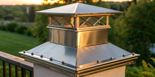 A durable, rust-resistant stainless steel chimney cap with a decorative design.