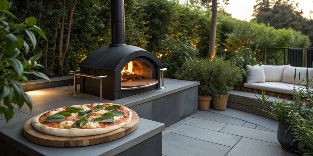 Inspiring outdoor pizza oven patio idea with modern seating and a freshly baked Margherita pizza.