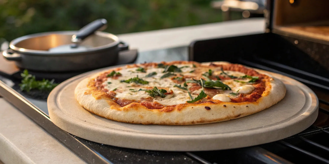 Ceramic pizza stone with a freshly baked, crispy crust pizza.
