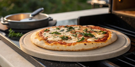 Ceramic pizza stone with a freshly baked, crispy crust pizza.