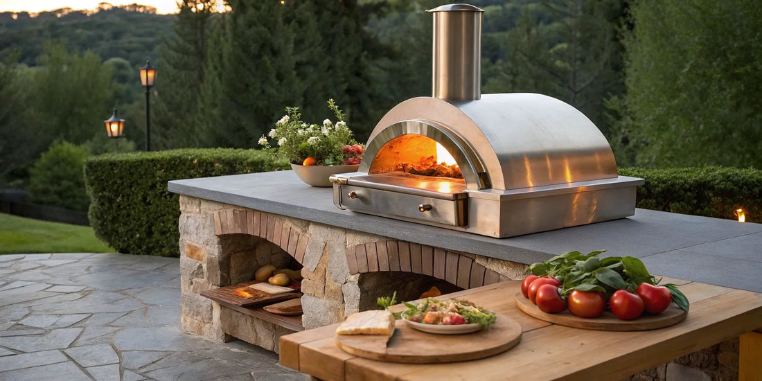 A hybrid gas and wood pizza oven in a backyard with fresh pizza ingredients.