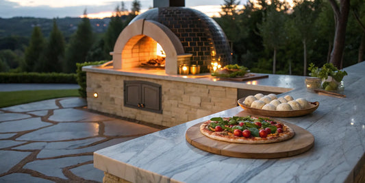 A classic wood-fired Italian pizza oven with a fresh pizza baking by the fire.
