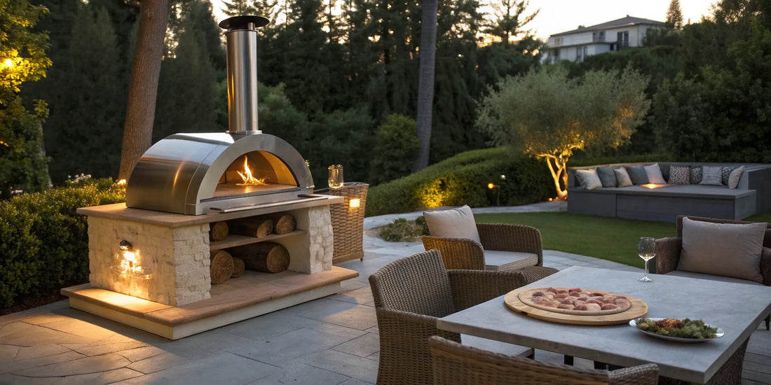 A wood-fired pizza oven on a patio with a fresh pizza ready to be served.