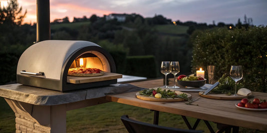 A portable pizza oven baking a fresh pizza on an outdoor table.