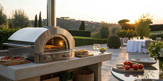 Modern natural gas pizza oven with a freshly baked pizza.