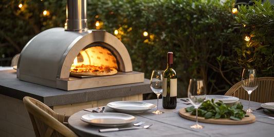 A tabletop pizza oven cooking a fresh pizza on an outdoor patio table.
