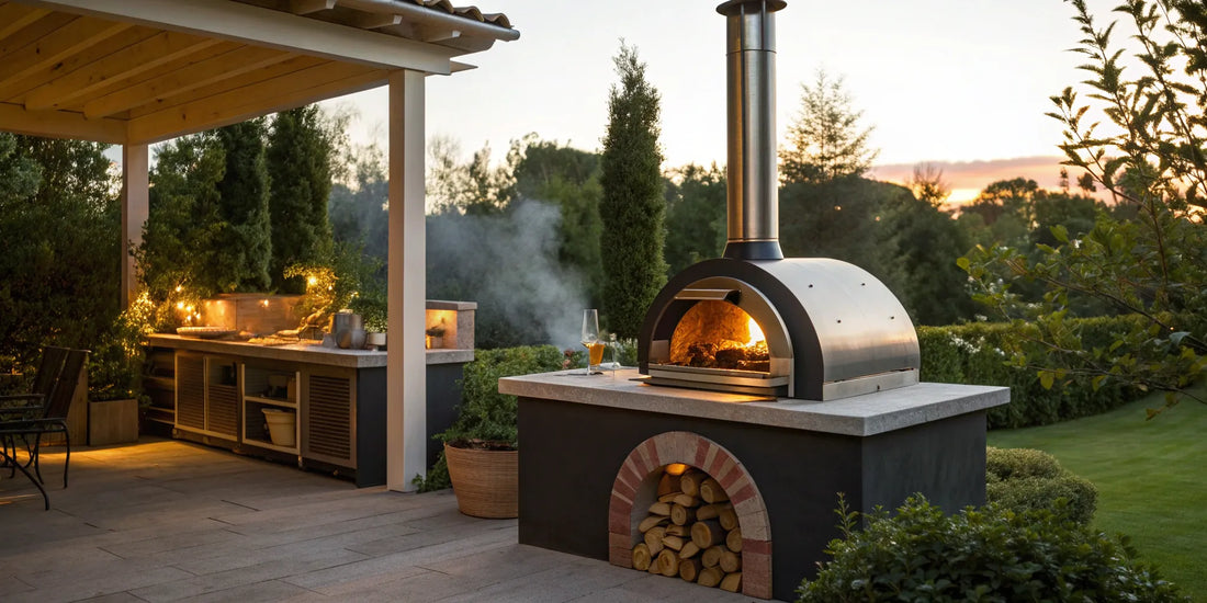A modern outdoor wood fired pizza oven, one of the best for home, with a fire burning inside.