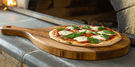 The best wooden pizza peel holding a freshly baked pizza in front of an oven.