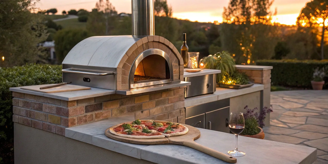 Best dual fuel outdoor pizza oven cooking a fresh pizza on a patio.