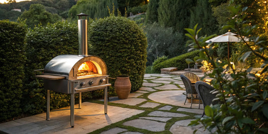 Best freestanding outdoor pizza oven with a fire burning on a backyard patio.
